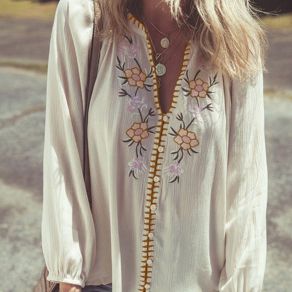 Beige Boho Women's Floral Embroidery Puff Sleeve Shirt